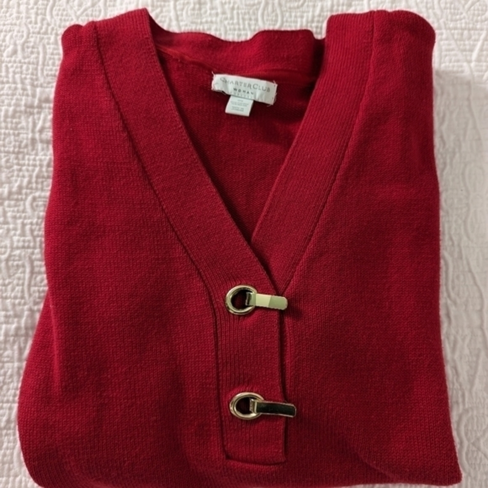 Charter Club Red Women's Sweater V Neck  Gold Grommet And Clasp Closures Size XL - Picture 6 of 9